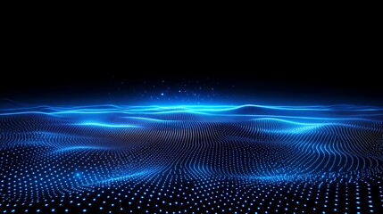 Obraz premium Abstract Digital Landscape with Dots and Waves in Blue Light on Black Background for Future Technology Concept