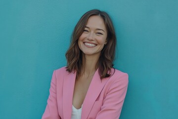 Obraz premium Woman in Pink Jacket Leaning Against Blue Wall