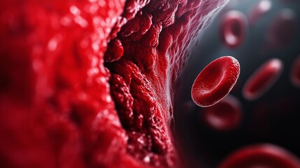 Fototapeta premium microscopic view of cholesterol plaque buildup within an artery, with vivid details showing how it restricts blood flow