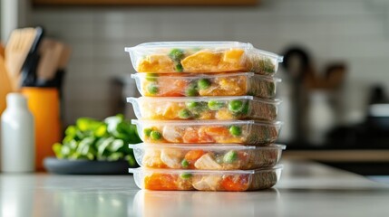 Plastic containers of frozen soup are stacked and ready for quick meals