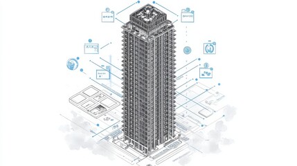Detailed Architectural Blueprint of a Modern High-Rise Building Featuring Innovative Design Elements and Smart Technology Integration with Urban Landscape