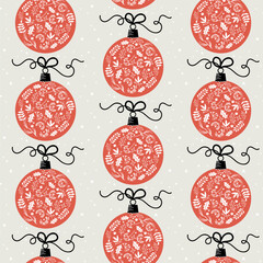 Seamless Christmas pattern. Flat style design with festive ornaments, leaves, and stars on a light background. Ideal for Holiday gift wrapping, seasonal decor and digital projects, vector illustration