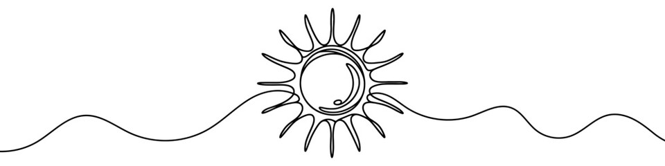 One continuous line illustration of the sun, isolated on white background. Line art of the sun.