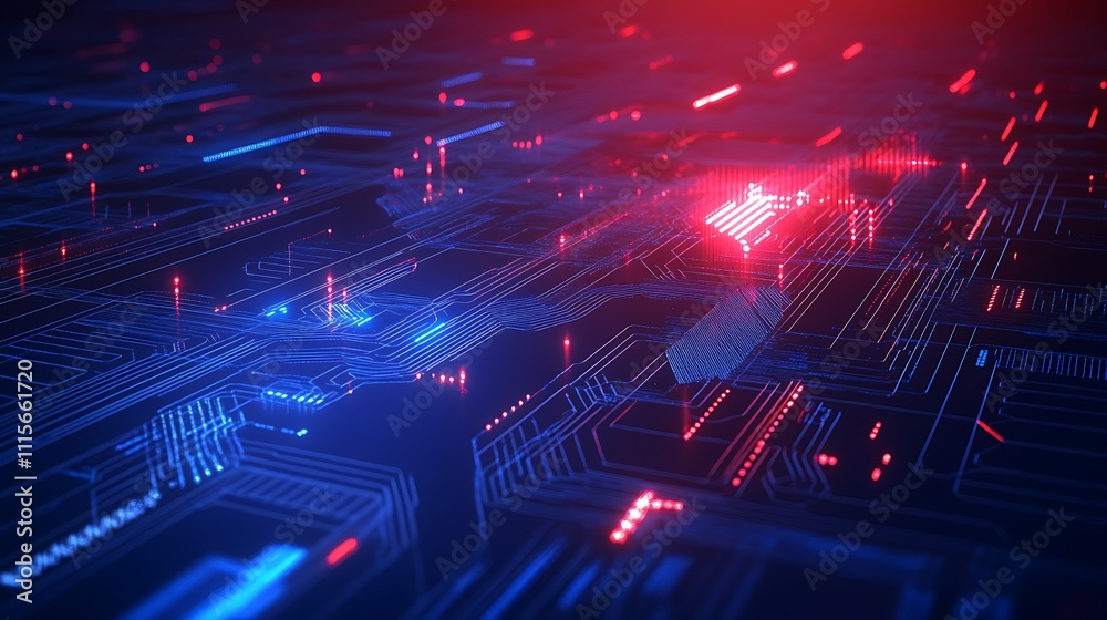 Poster abstract digital technology background with red and blue lights illuminating circuit patterns and da