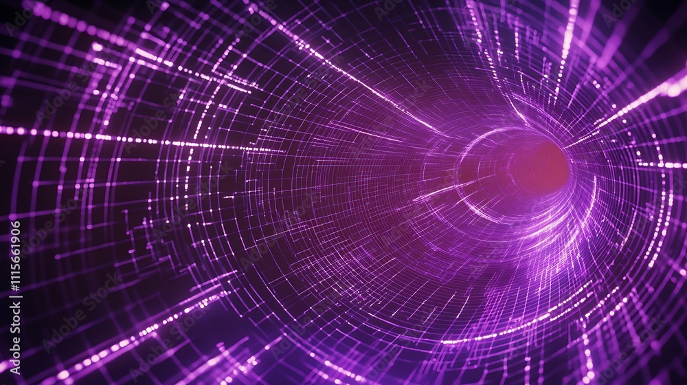 Poster abstract digital tunnel with neon lines and particles moving in circular path for technology backgro