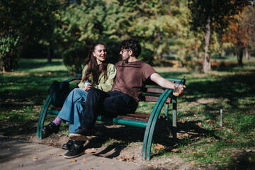 A young couple enjoys a casual conversation while sitting on a park bench. Surrounded by lush greenery, they share a peaceful and relaxing moment in an outdoor setting.