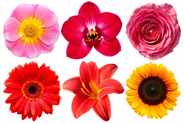 Fototapeta premium Set of flower Lily, orchid, ranunculus, sunflower, gerber head isolated on white background.AI GENERATED