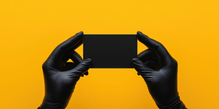 Black gloved hands holding blank card against vibrant yellow background