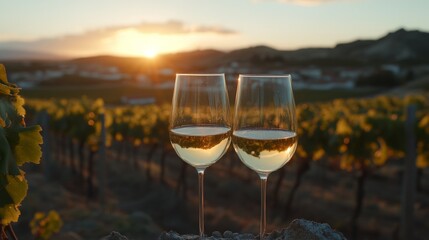 Two Glasses of White Wine at Sunset in a Vineyard