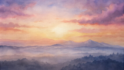 Obraz premium A painting of a mountain range with a sunset in the background