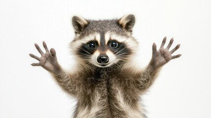 Obraz premium Cute raccoon with paws up against white background.