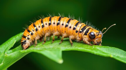 Close-Up of Vibrant Orange Caterpillar on Leaf with Detailed Texture and Green Background
