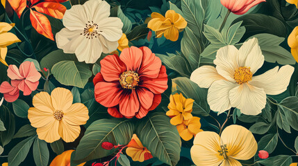 Beautiful floral wallpaper with vibrant flowers and lush green leaves