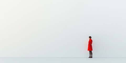 Fototapeta premium Female in red coat stands against expansive white wall in minimalist setting