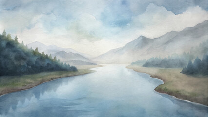 Fototapeta premium A painting of a river with mountains in the background