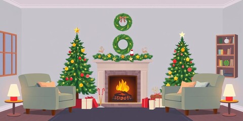 Cozy living room with armchairs, pine tree, and fireplace decorated for Christmas and New Year celebration, decoration, winter holidays