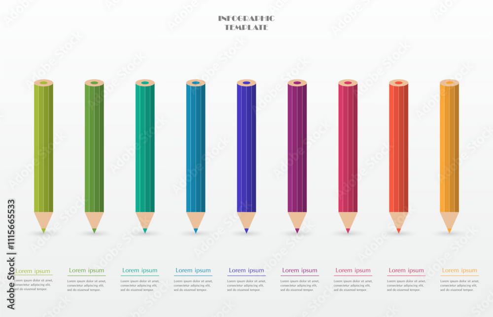 Wall mural Step by step infographic template with 9 steps, options, parts or processes. Creative pencils concept.