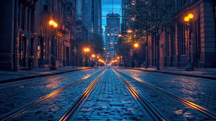 Obraz premium Empty cobblestone street with glowing city lights at dusk