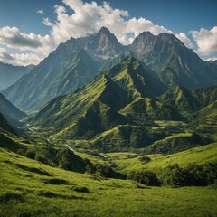 Obraz premium A sunrise casting a warm glow over the rugged mountain ridges. 