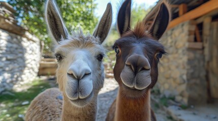 Obraz premium The alpaca looks into the camera lens, close-up of the funny muzzle