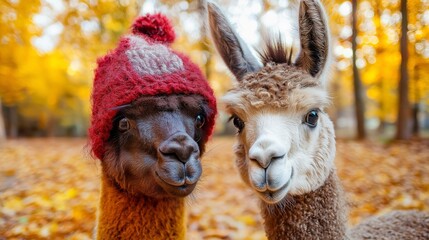 Fototapeta premium The cute alpaca with knitting hat looks into the camera.