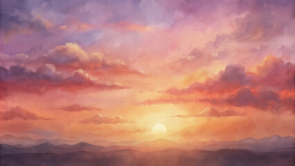 Fototapeta premium A painting of a sunset with a large sun in the sky