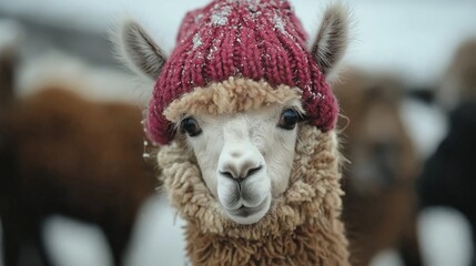 Fototapeta premium The cute alpaca with knitting hat looks into the camera.