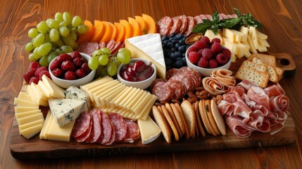 Overhead view of a diverse charcuterie board featuring cheeses, meats, fruits, nuts, and crackers on a rustic wooden table in natural light