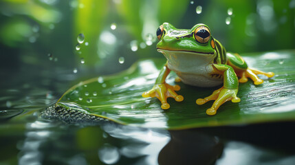 Naklejka premium Adorable green frog sitting on vibrant leaf with raindrops