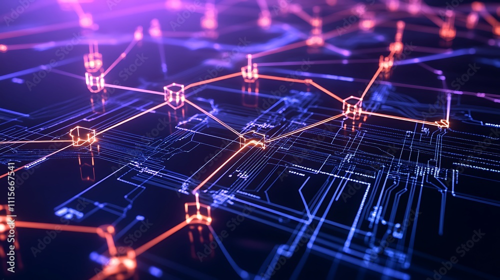 Poster abstract representation of digital network connections with glowing nodes and circuit patterns