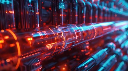 Fototapeta premium A close-up view of illuminated, futuristic pipes with glowing elements and digital displays.