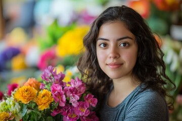 Naklejka premium A charming young woman with a bouquet of vibrant flowers exudes warmth and beauty against a backdrop of blossoming flora, celebrating life and nature.