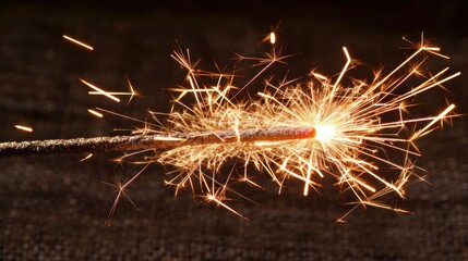 A sparkler igniting with bright sparks against a dark background.