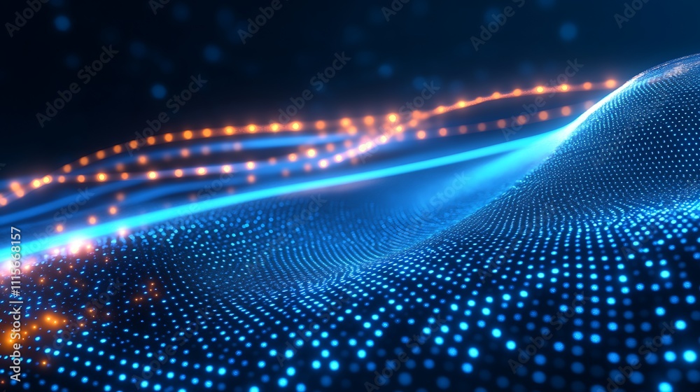 Poster abstract visual background with gradient of blue and orange dots representing data flow and technolo