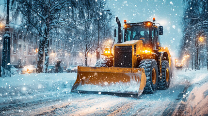 Heavy machinery clearing snow from urban street in winter