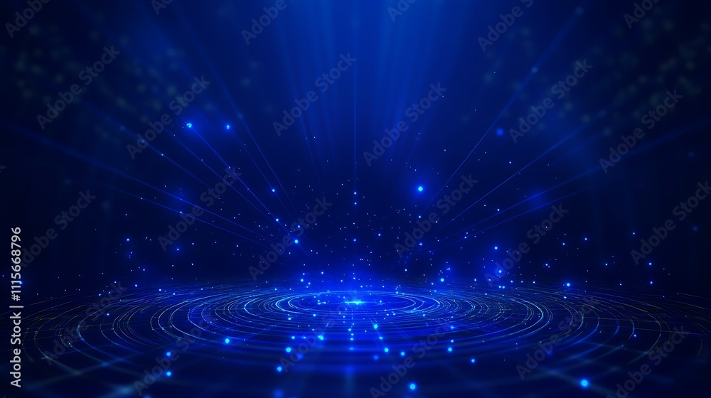 Poster blue abstract background with light rays and sparkling particles creating a futuristic atmosphere