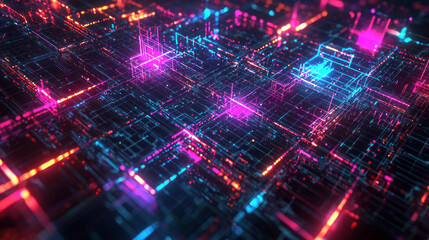Obraz premium Futuristic cyber matrix grid with glowing neon lights and technology