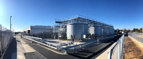 Fototapeta premium Industrial facility with large storage tanks and piping systems.