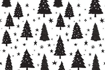 Obraz premium A seamless pattern featuring various black Christmas trees and stars on a white background, ideal for festive-themed designs and decorations. Perfect for holiday projects.