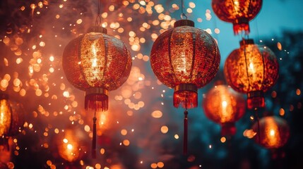 Obraz premium Illuminated red lanterns glowing with fireworks sparks.