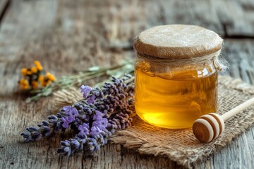 Fototapeta premium An artistic arrangement featuring a jar of honey beside lavender sprigs and a wooden spoon, creating a rustic yet elegant charm that highlights the beauty of nature.