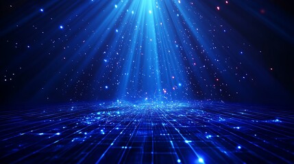Obraz premium Ethereal Blue Light Rays Illuminating Cosmic Background with Sparkling Particles and Reflected Grid Surface
