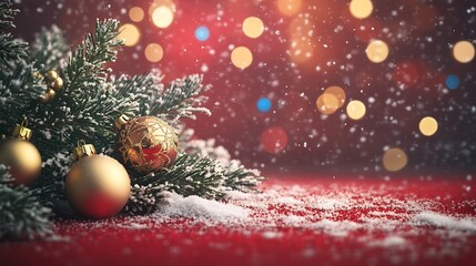 Festive Christmas decoration on a red surface with snow.