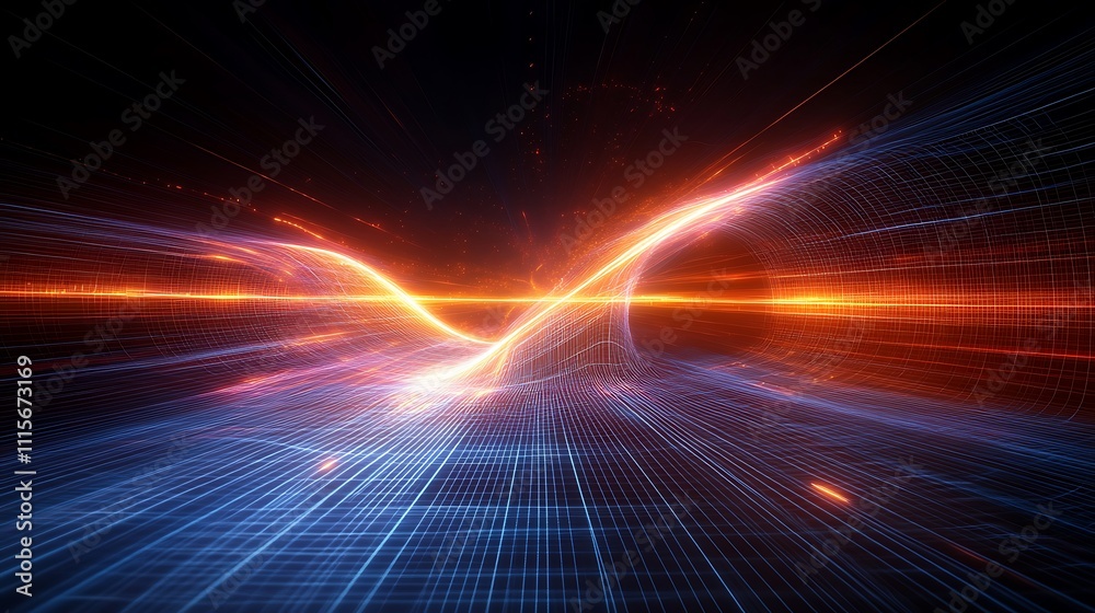 Poster futuristic abstract energetic waves in dynamic motion with light trails and grid background