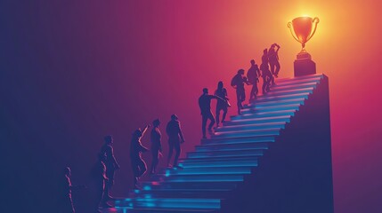 Silhouettes of people climbing a staircase that leads to a golden trophy.
