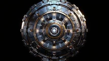 Obraz premium A metallic circular device with intricate details and a central luminous element.