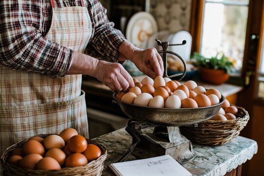 Farmer carefully weighs freshly gathered eggs in a cozy kitchen filled with natural light