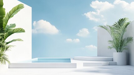 Fototapeta premium Sleek white architectural building with abstract design, set against a stunning city skyline and ocean view. The minimalist background, clean ground, and expansive sky provide the perfect commercial b