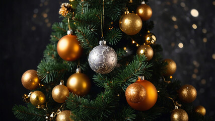 Fototapeta premium Christmas tree decorated with garlands and golden balls on a dark background.