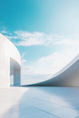 Sleek white architectural building with abstract design, set against a stunning city skyline and ocean view. The minimalist background, clean ground, and expansive sky provide the perfect commercial b